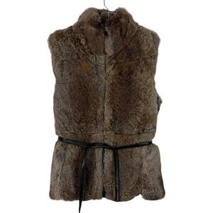 Vintage Y2K Express Brown Genuine Rabbit Fur Sleeveless Full Zip Vest Belted S
